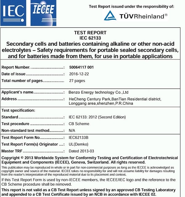 Li-ion battery Test report IEC 62133