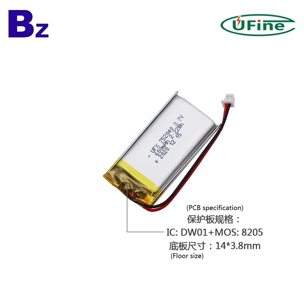 752040 600mAh 3.7V Li-Polymer Battery 752040 600mAh 3.7V Li-Polymer Battery